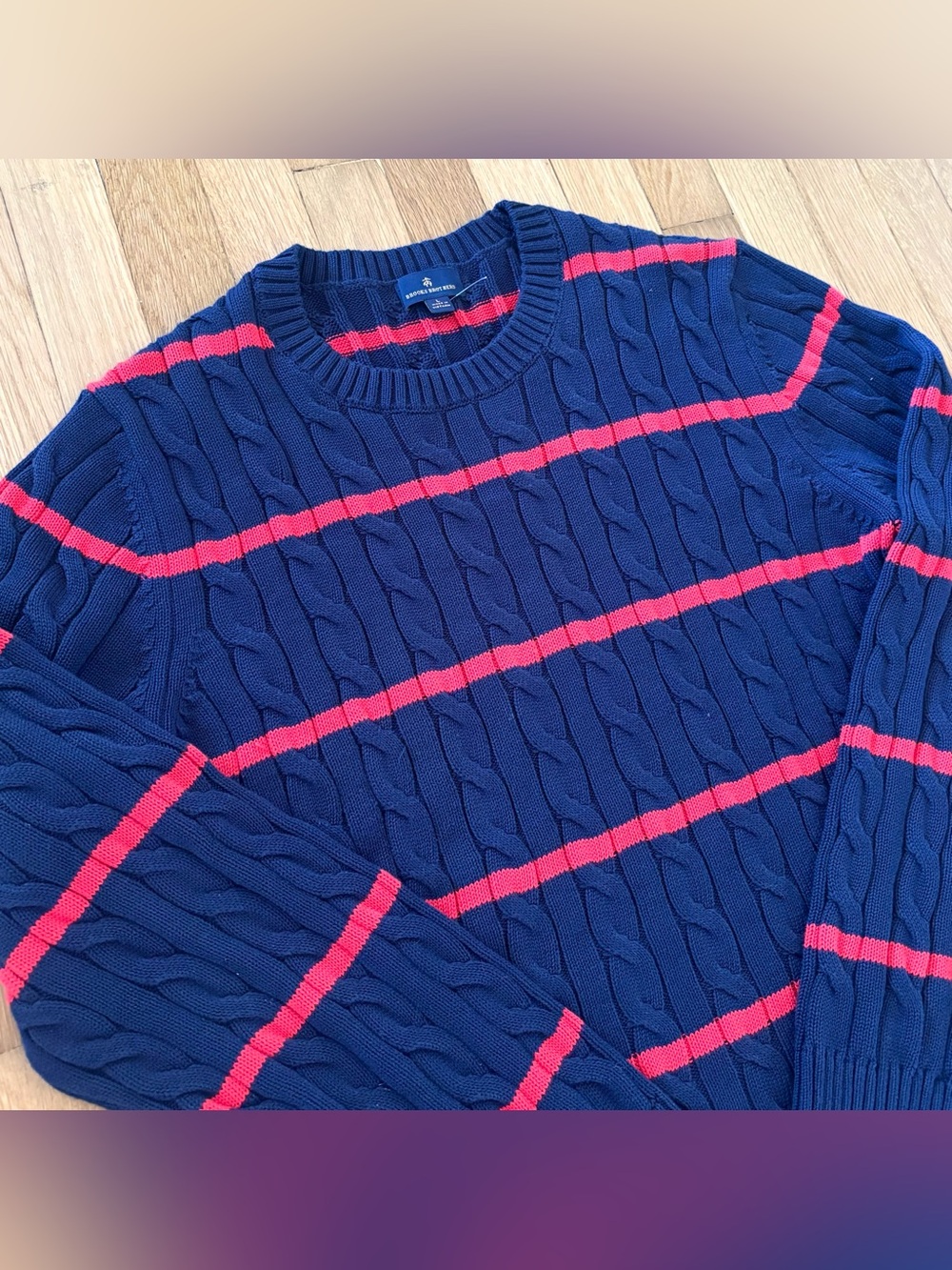 Brooks Brothers Cable Knit Sweater L Navy Blue Red Stripe Preppy Pullover